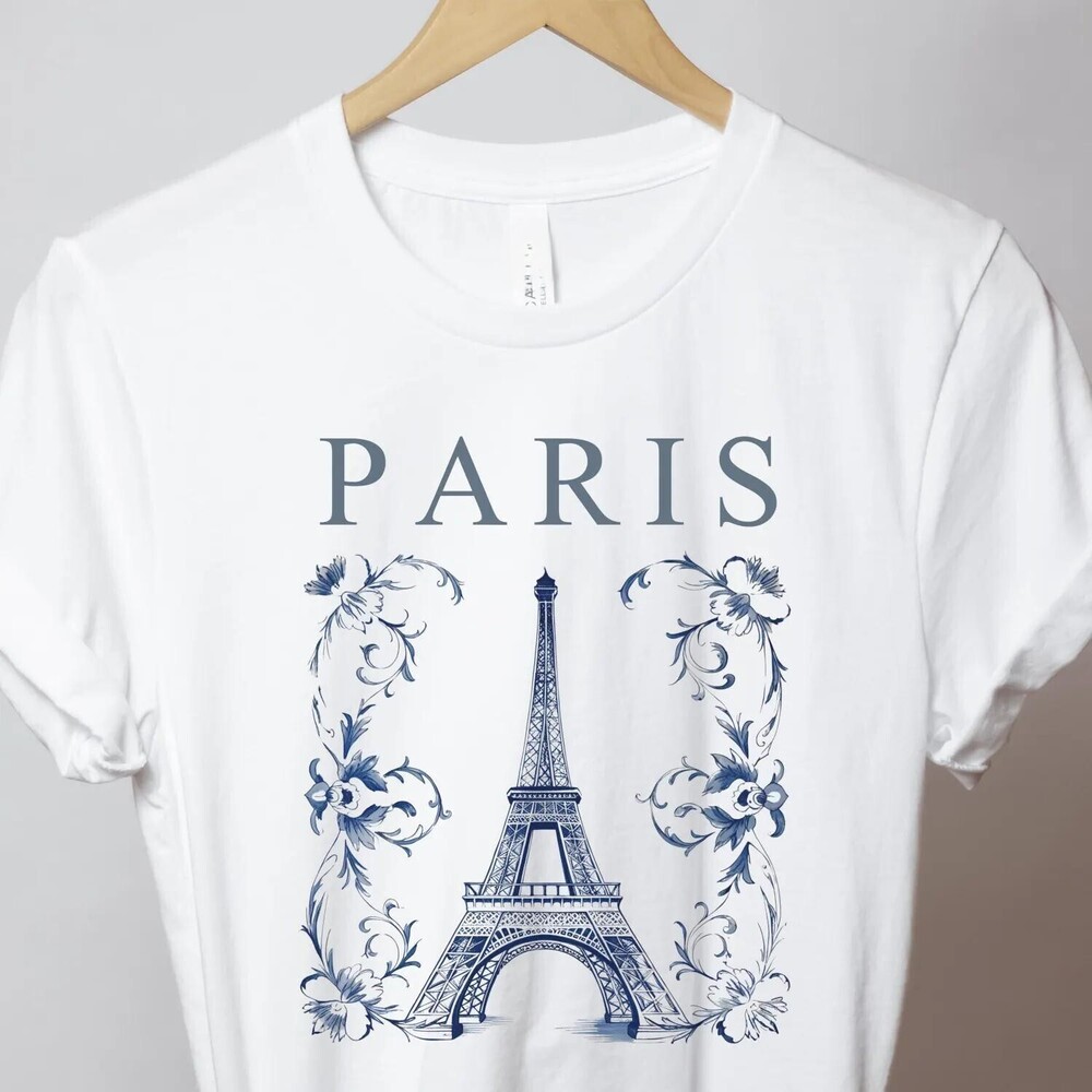 Paris Shirt, Paris France Eiffel Floral Tower Tshirt, Blue Style Travel Gift